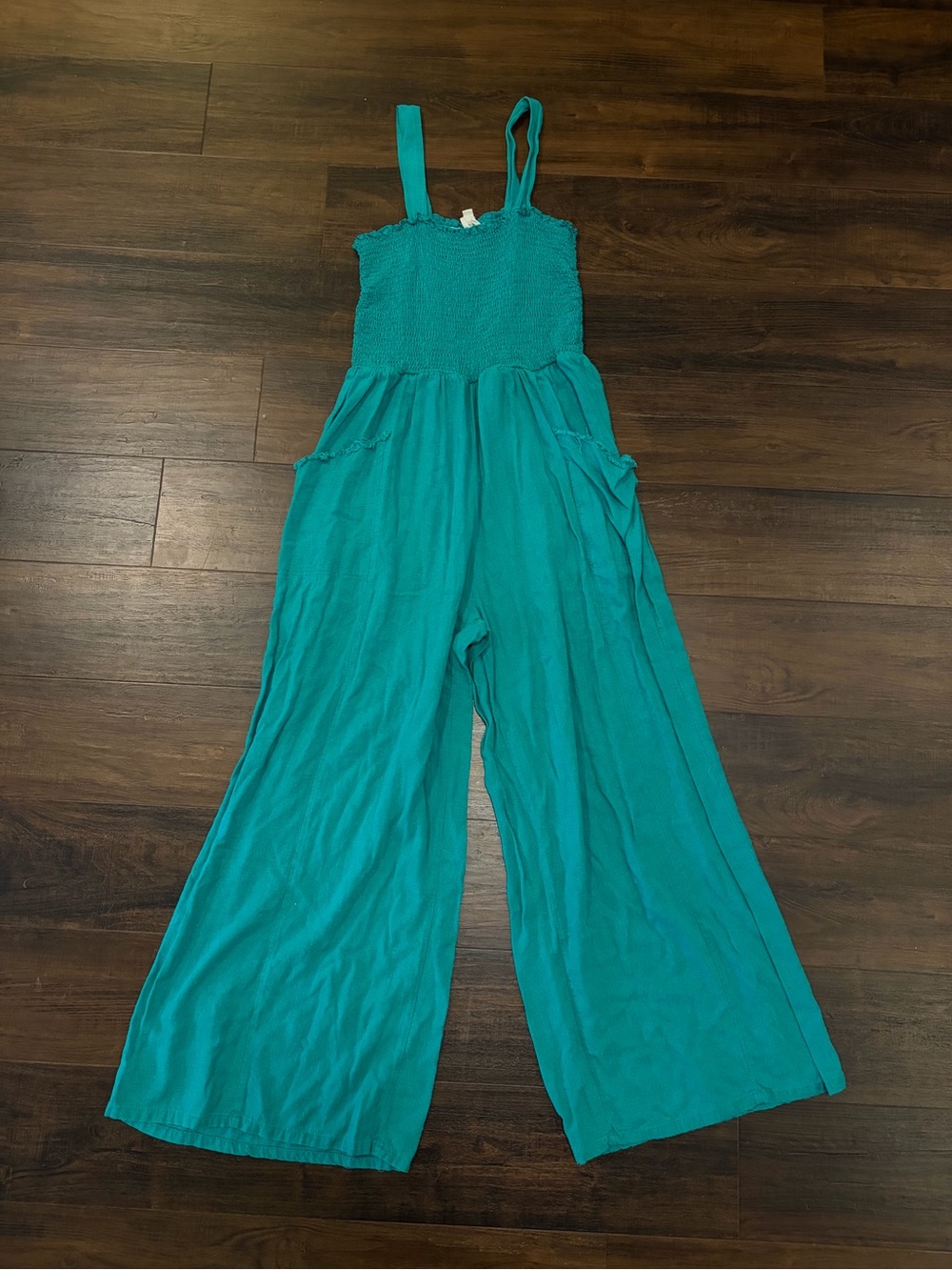 Umgee Women’s Large Green Teal Smocked Linen Blend Romper Pockets